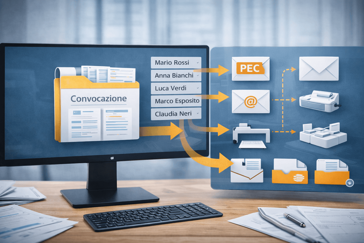 Gestione digitale delle convocazioni con invio multicanale tramite PEC, email e stampa, archiviazione e tracciabilità dei documenti di assemblea