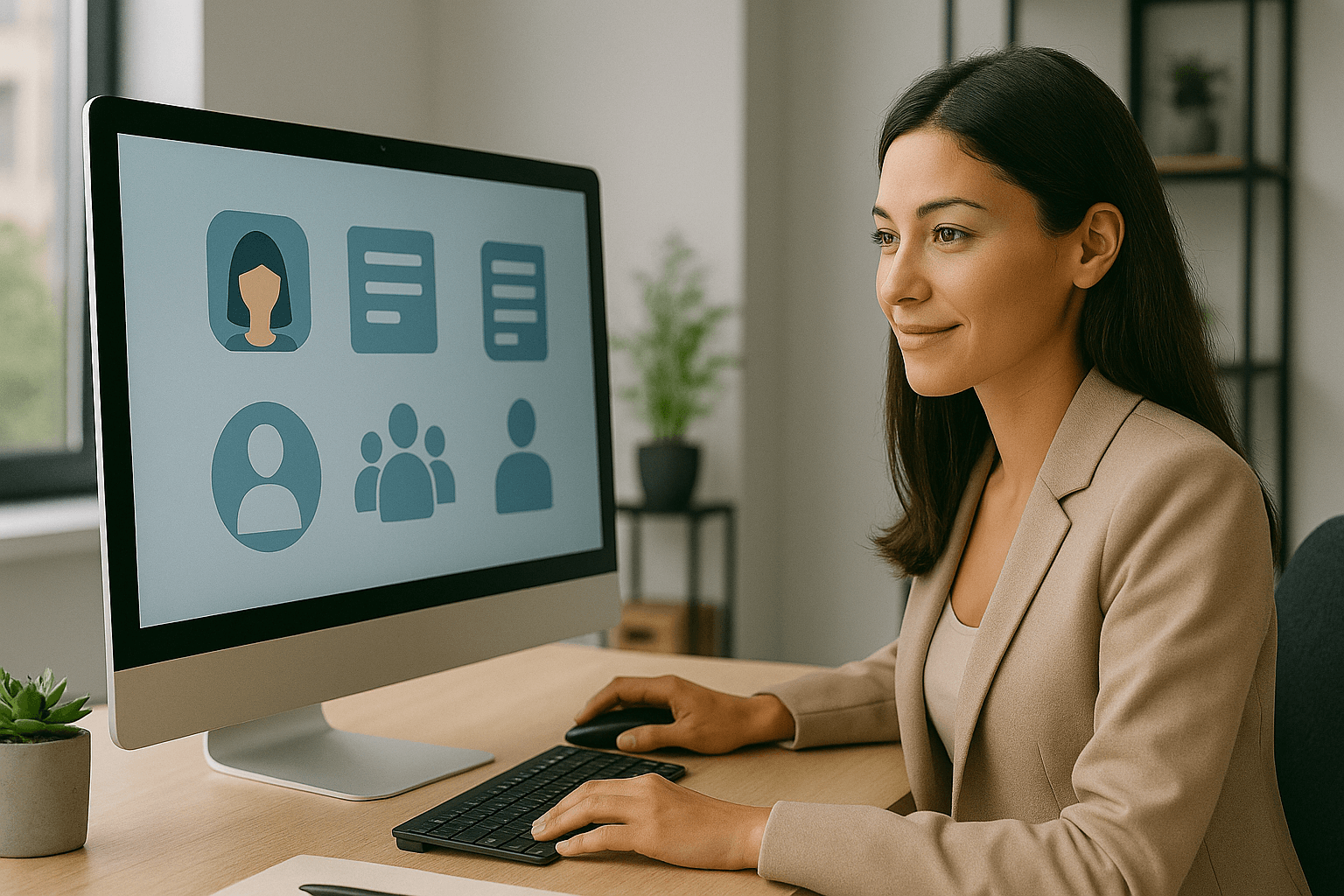 Donna seduta alla scrivania che utilizza un software HR su un monitor, in un ufficio moderno e luminoso.