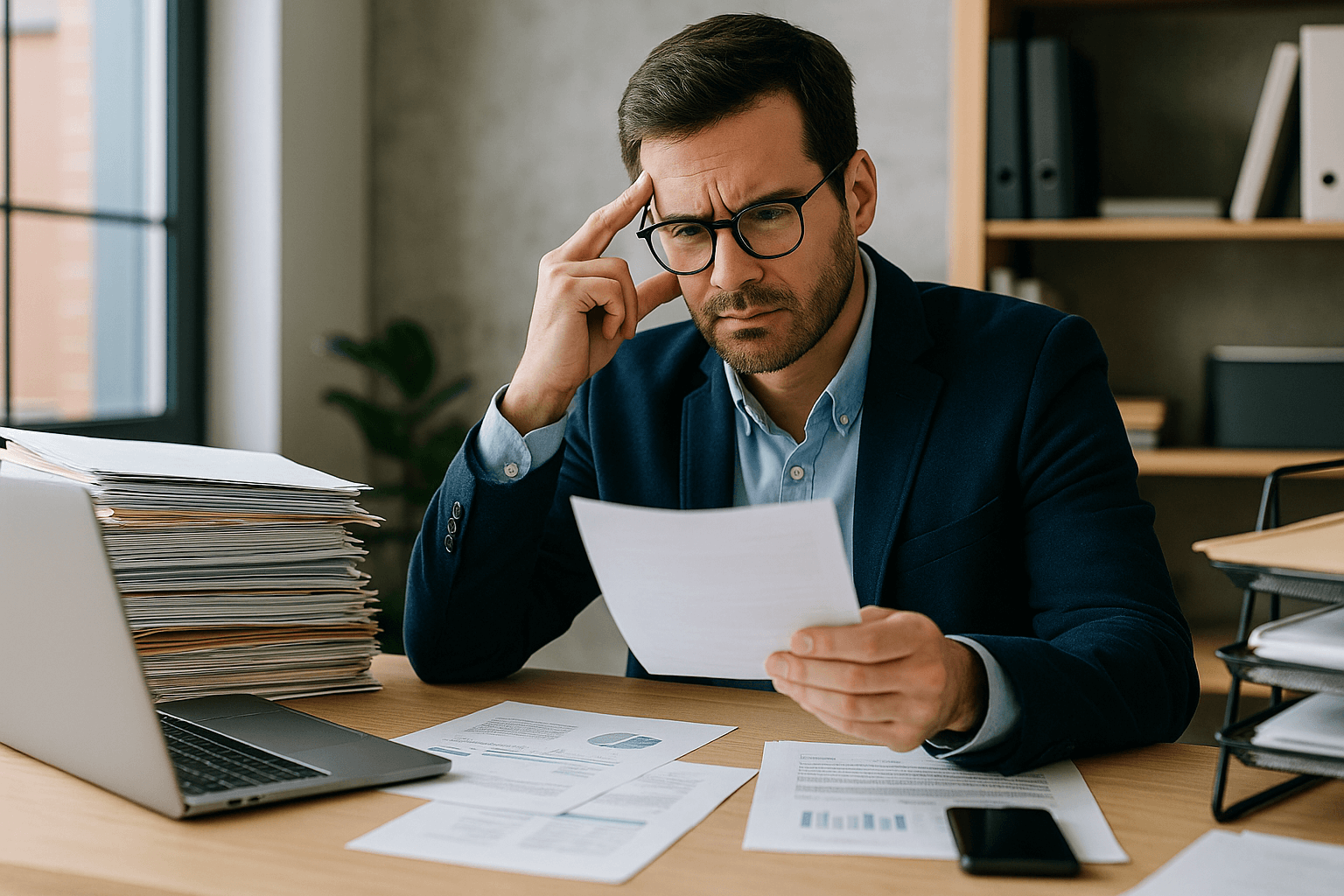 Professionista stressato davanti a pile di documenti e contratti cartacei, causati dall’assenza di digitalizzazione dei contratti di vendita.