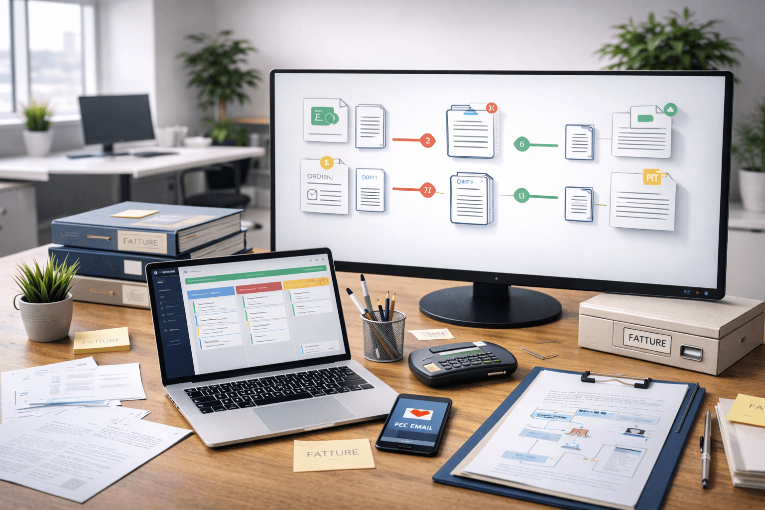 Scrivania amministrativa con documenti contabili, strumenti digitali e monitor che rappresentano la gestione integrata del ciclo passivo e attivo