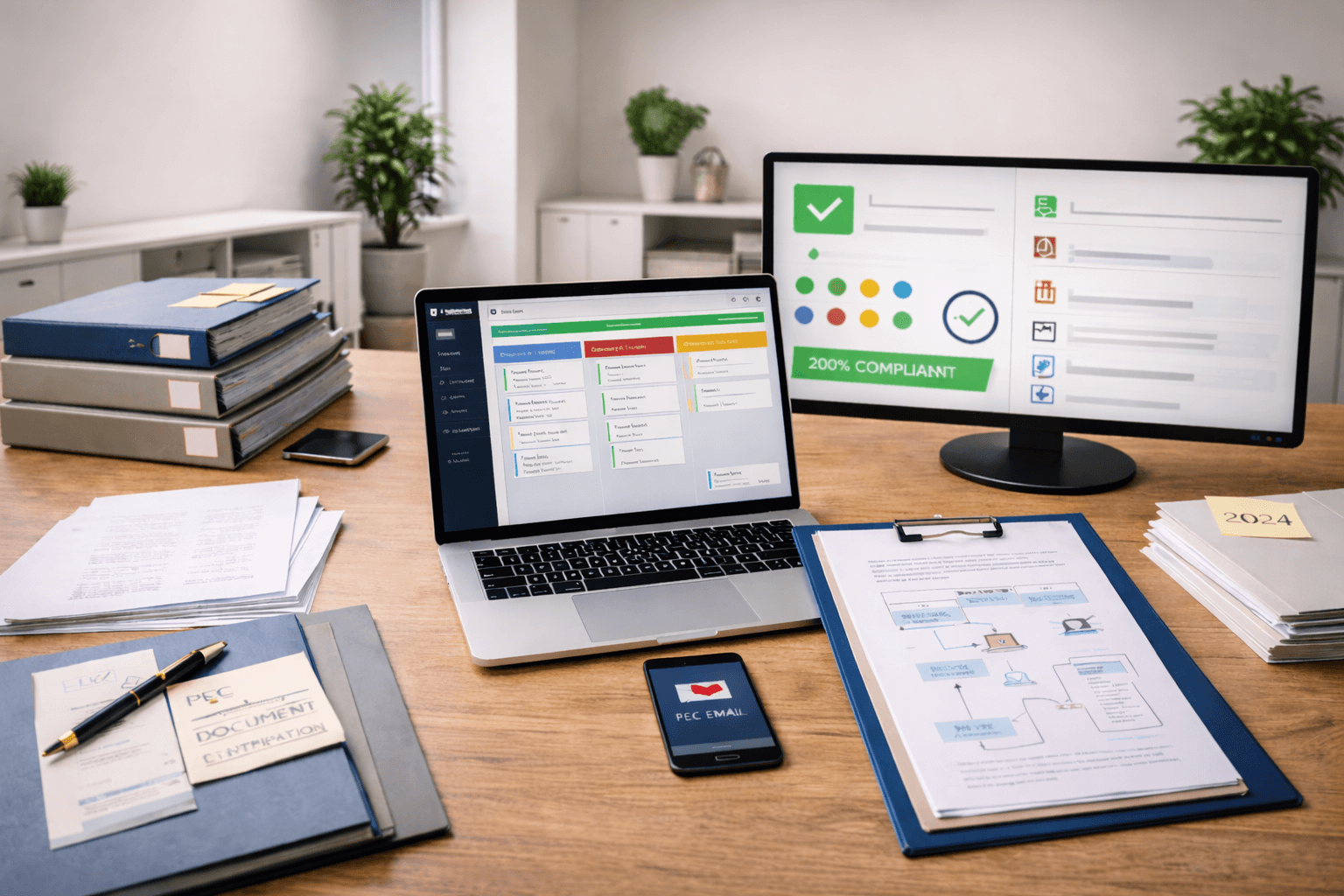 Scrivania aziendale con documenti organizzati, laptop e strumenti digitali per la gestione documentale e la conformità normativa