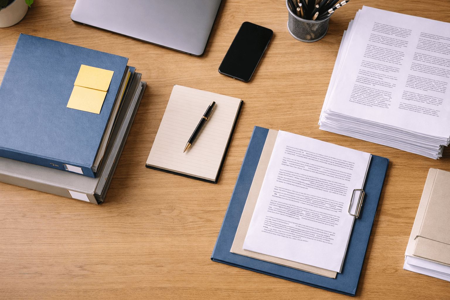 Scrivania da ufficio vista dall’alto con documenti organizzati, fascicoli e strumenti di lavoro, rappresentazione della gestione documentale aziendale