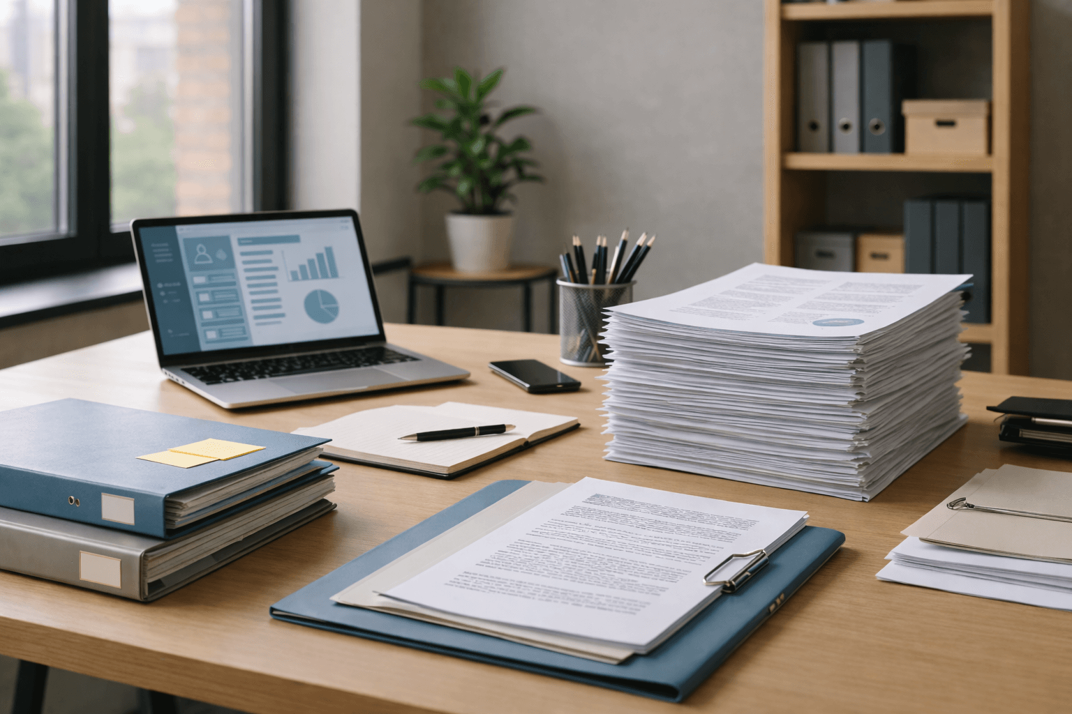 Scrivania d’ufficio con documenti organizzati, fascicoli e strumenti digitali, rappresentazione delle buone pratiche di gestione documentale per le aziende nel 2026