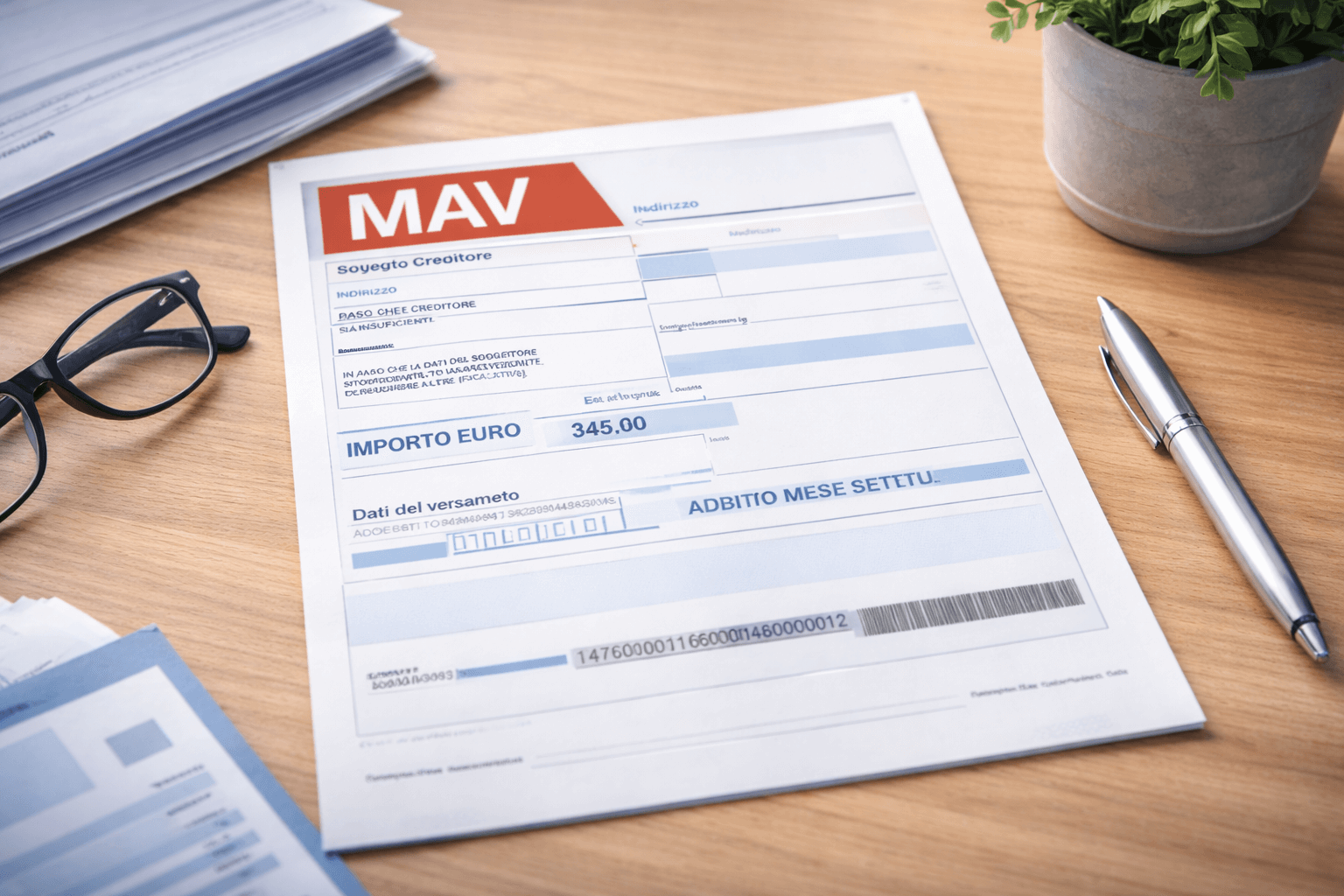Bollettino MAV cartaceo su scrivania di ufficio, esempio di documento di pagamento da acquisire e gestire in un sistema digitale centralizzato.